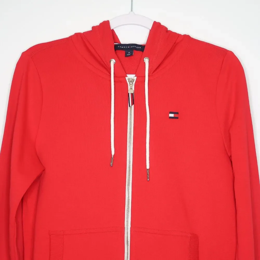 Tommy Hilfiger Womens Hoodie Red Size Medium Zip Up Pullover French Terry Preppy